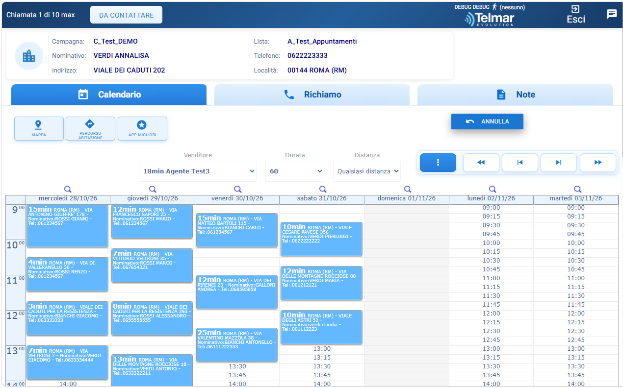 Calendario Telmar con appuntamenti degli agenti, indirizzi e tempi di spostamento