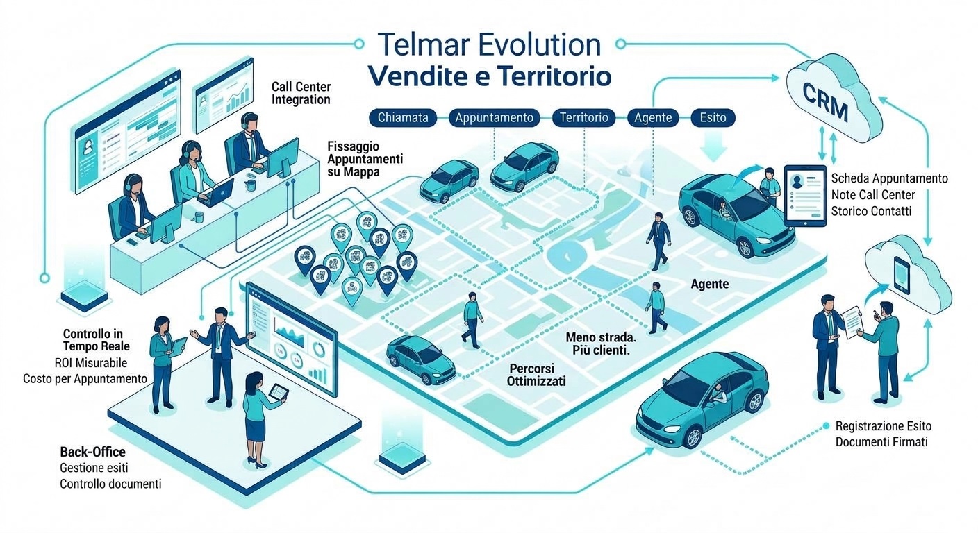 Telmar Evolution collega call center, appuntamenti su mappa, agenti sul territorio, CRM ed esiti delle visite in un unico processo